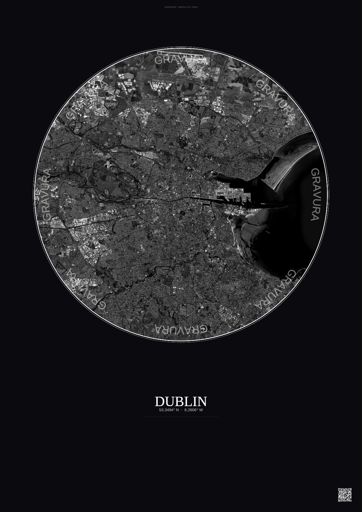 Affiche Dublin – Poster vue satellite | Gravura – Fond foncé