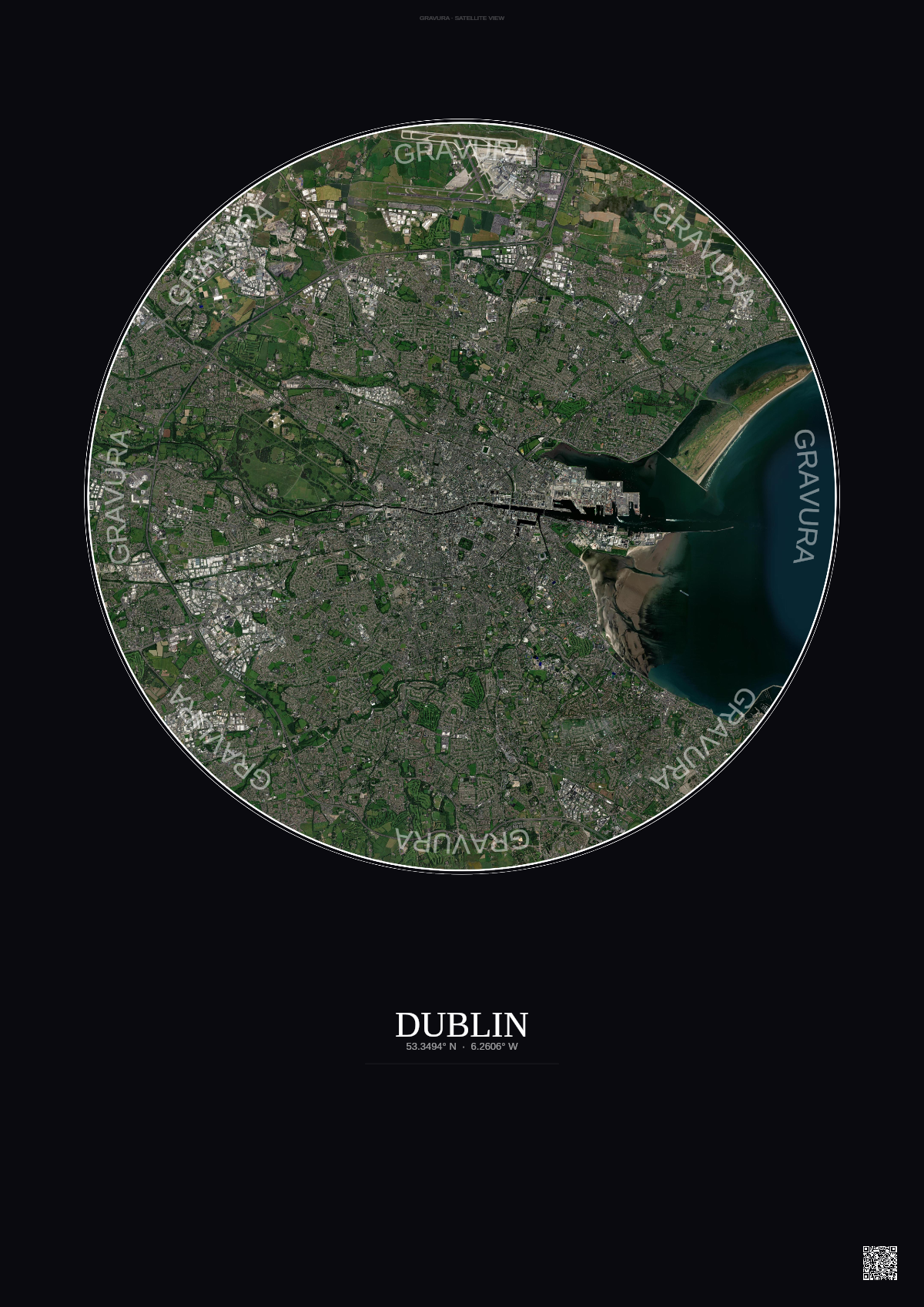 Affiche Dublin – Poster vue satellite | Gravura – Fond foncé