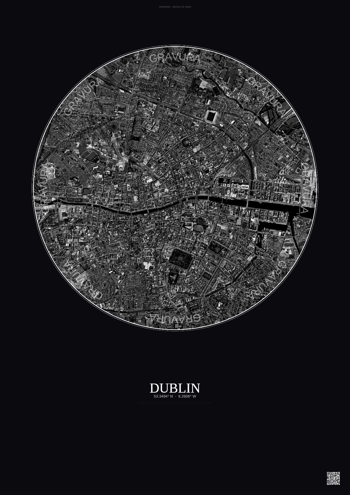 Affiche Dublin – Poster vue satellite | Gravura – Fond foncé