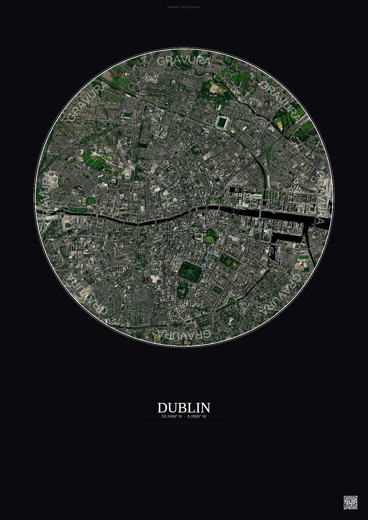 Affiche Dublin – Poster vue satellite | Gravura – Fond foncé
