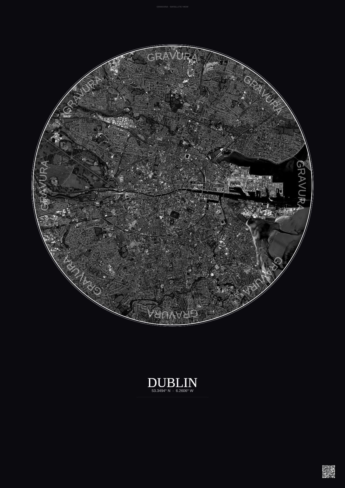 Affiche Dublin – Poster vue satellite | Gravura – Fond foncé