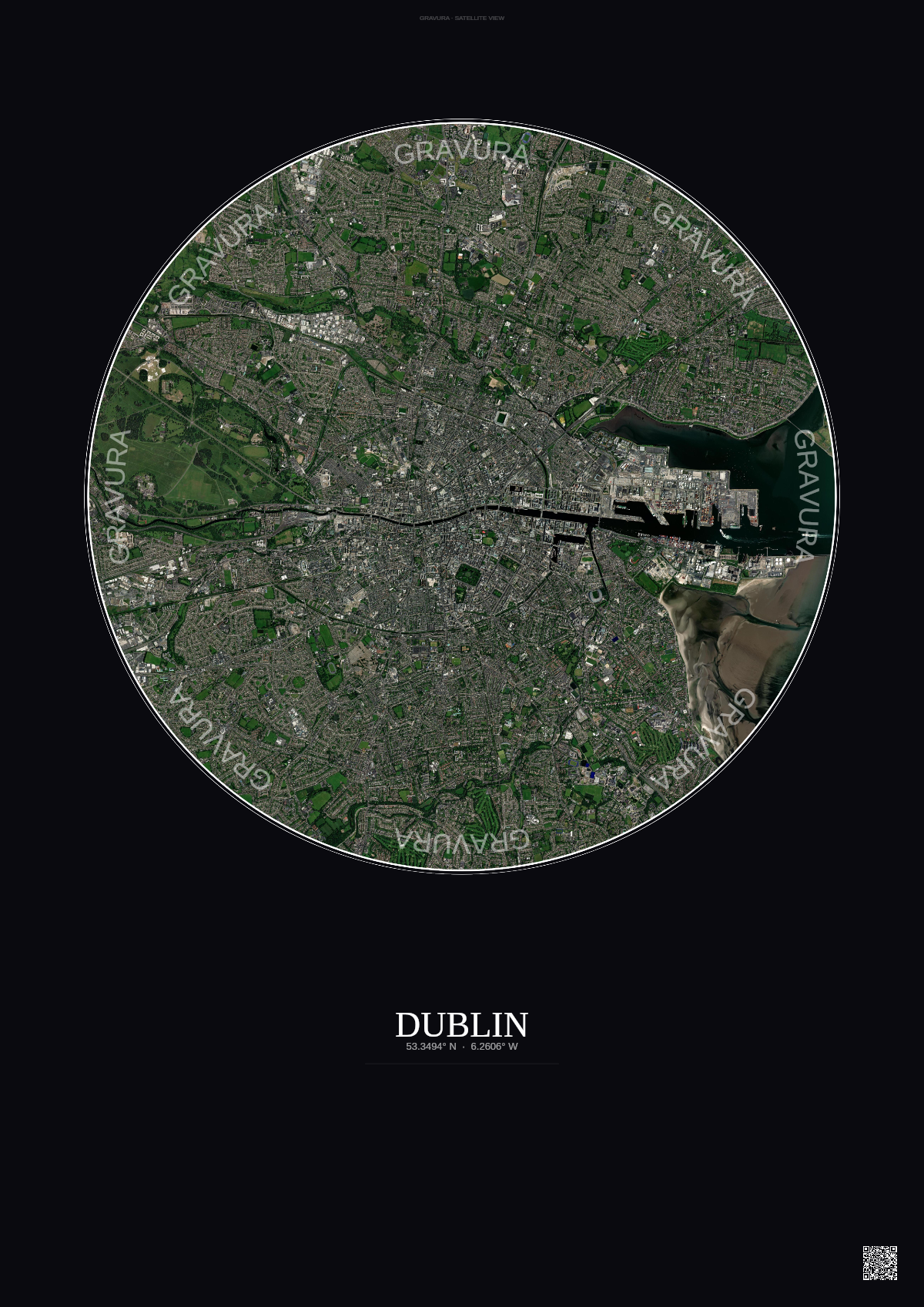 Affiche Dublin – Poster vue satellite | Gravura – Fond foncé