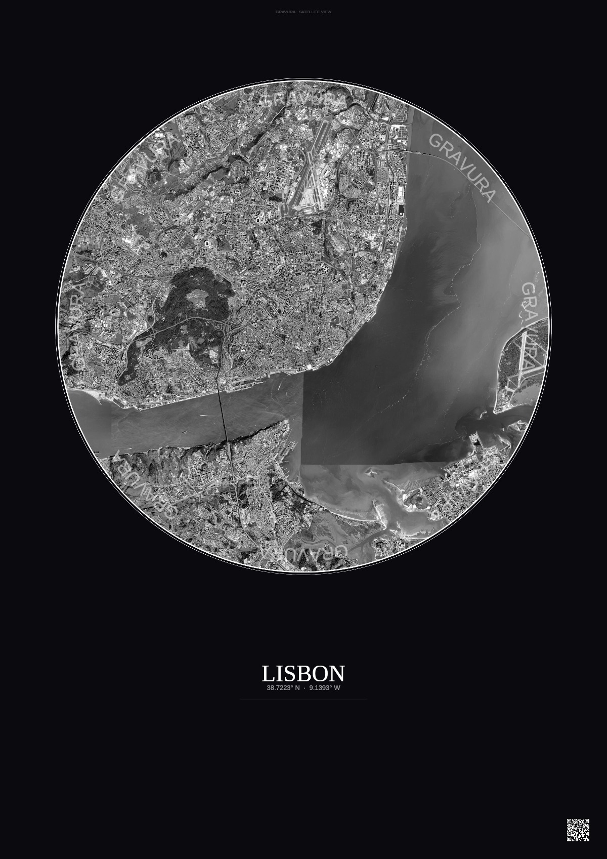 Affiche Lisbon – Poster vue satellite | Gravura – Fond foncé