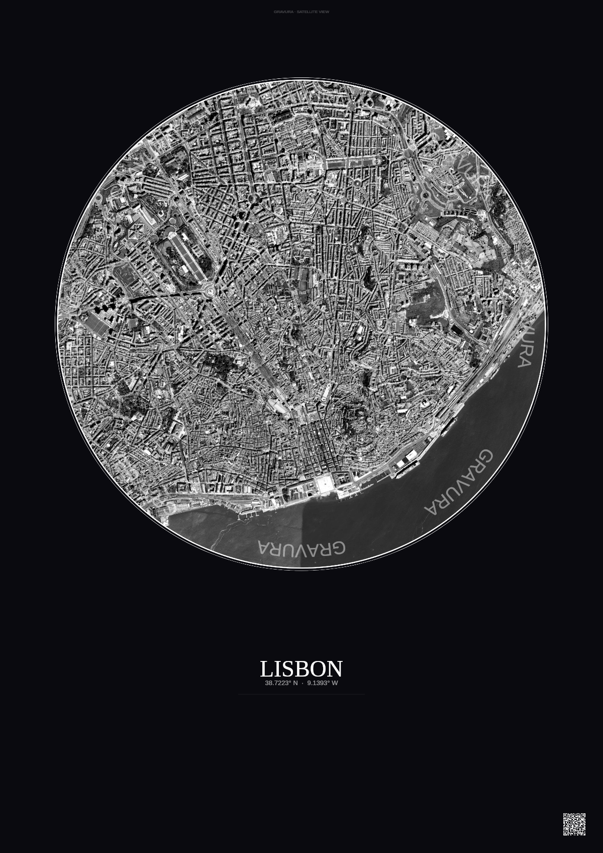Affiche Lisbon – Poster vue satellite | Gravura – Fond foncé
