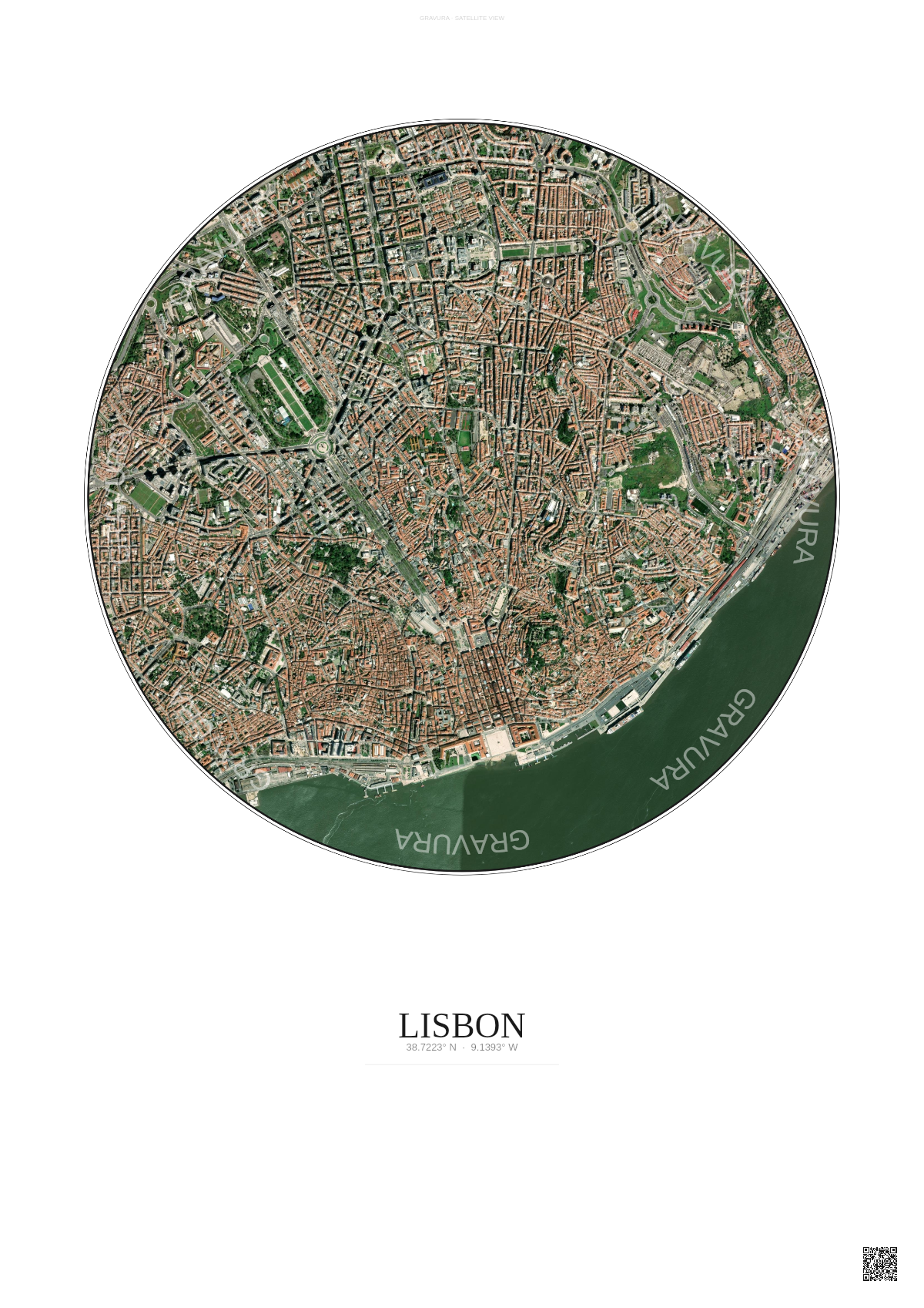 Affiche Lisbon – Poster vue satellite | Gravura – Fond clair