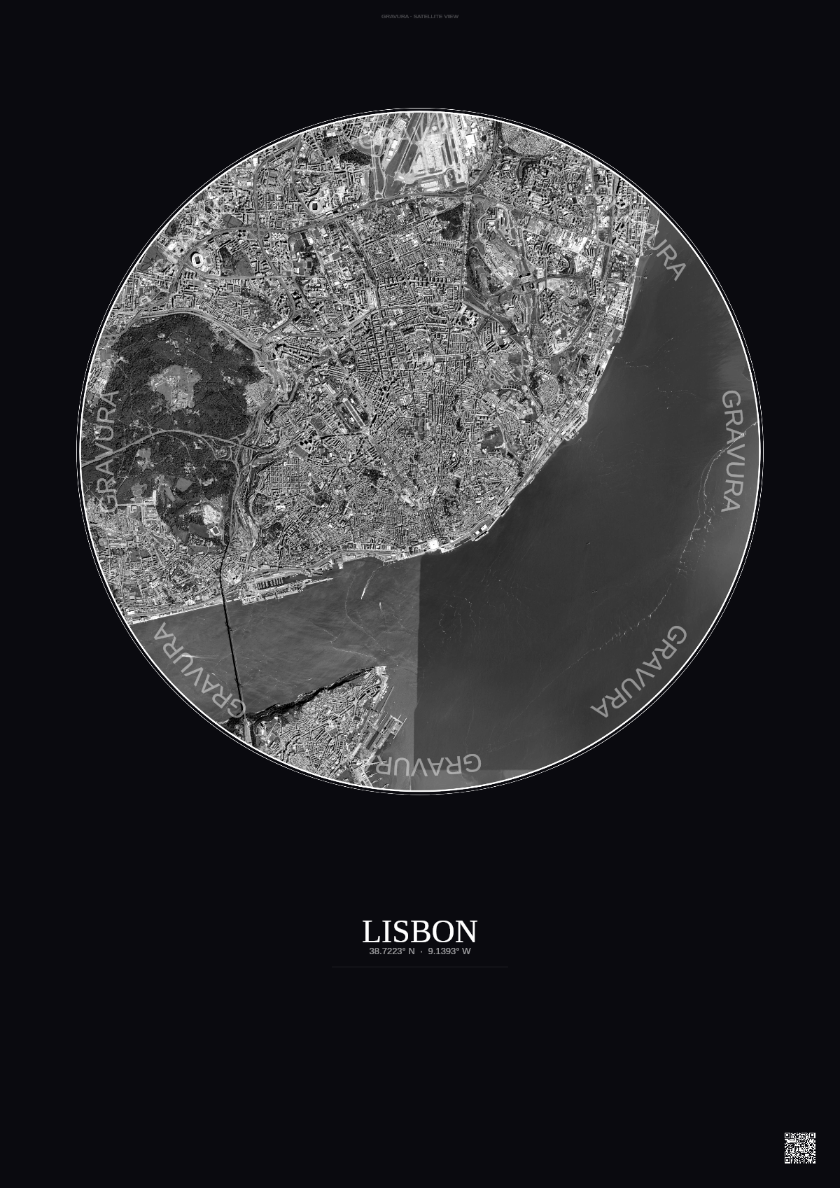 Affiche Lisbon – Poster vue satellite | Gravura – Fond foncé