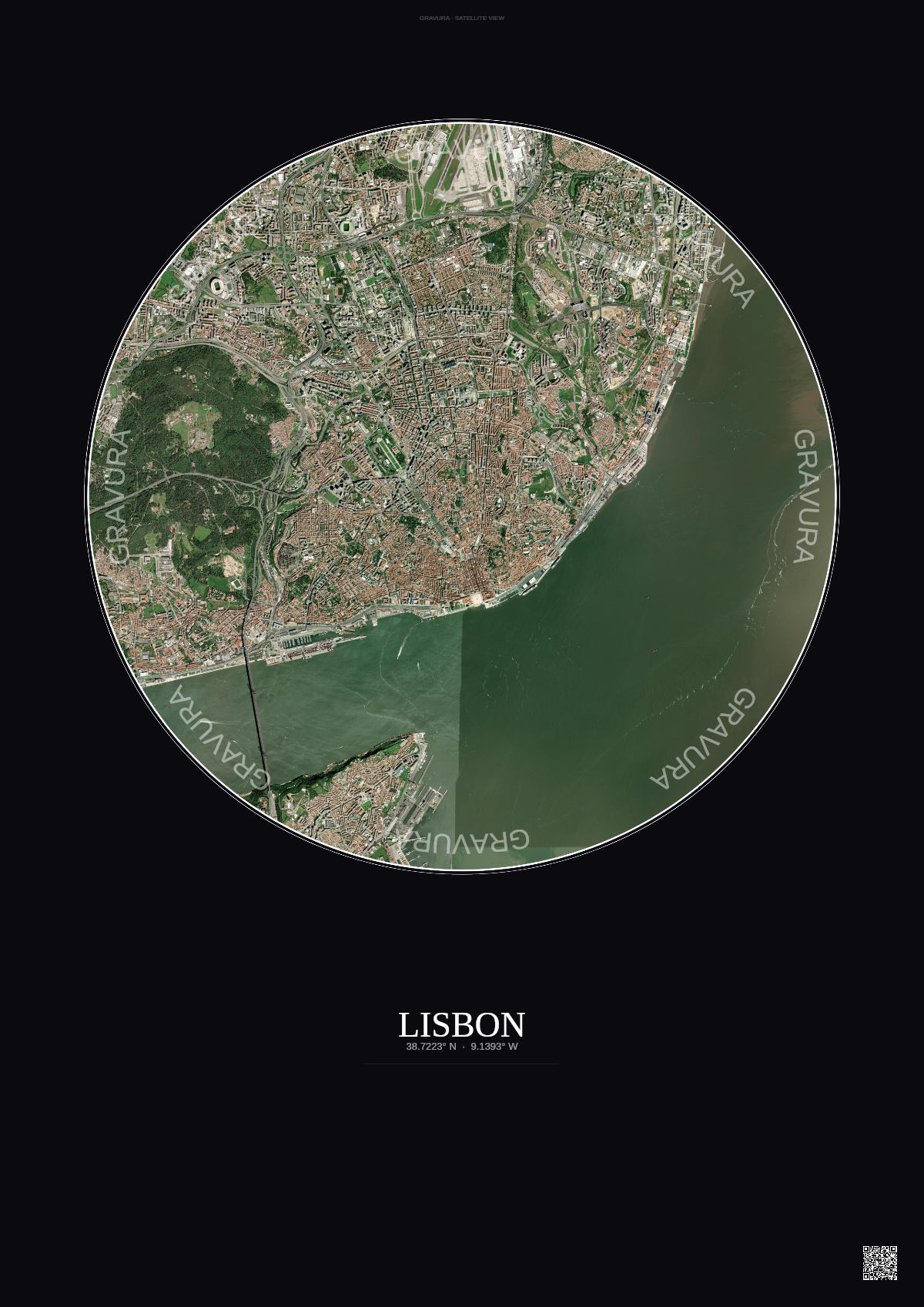 Affiche Lisbon – Poster vue satellite | Gravura – Fond foncé