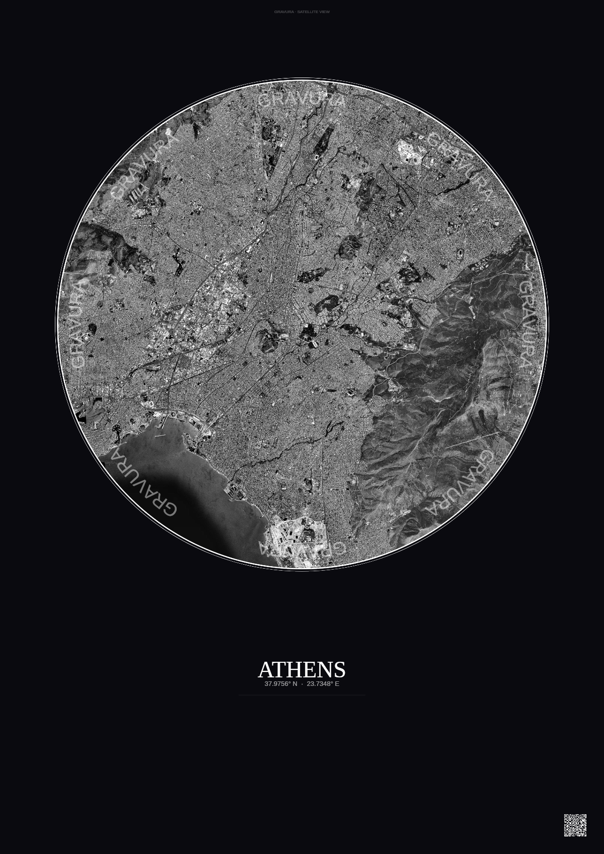 Affiche Athens – Poster vue satellite | Gravura – Fond foncé