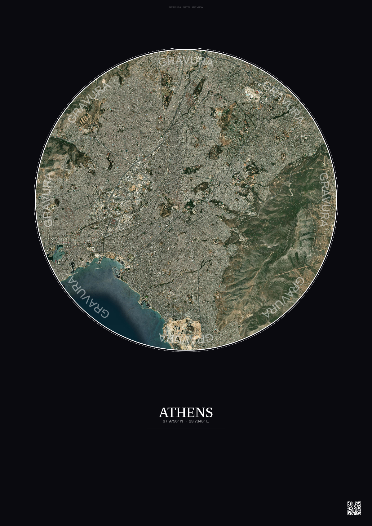 Affiche Athens – Poster vue satellite | Gravura – Fond foncé