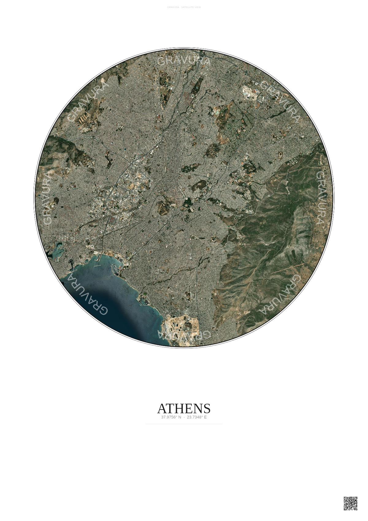 Affiche Athens – Poster vue satellite | Gravura – Fond clair
