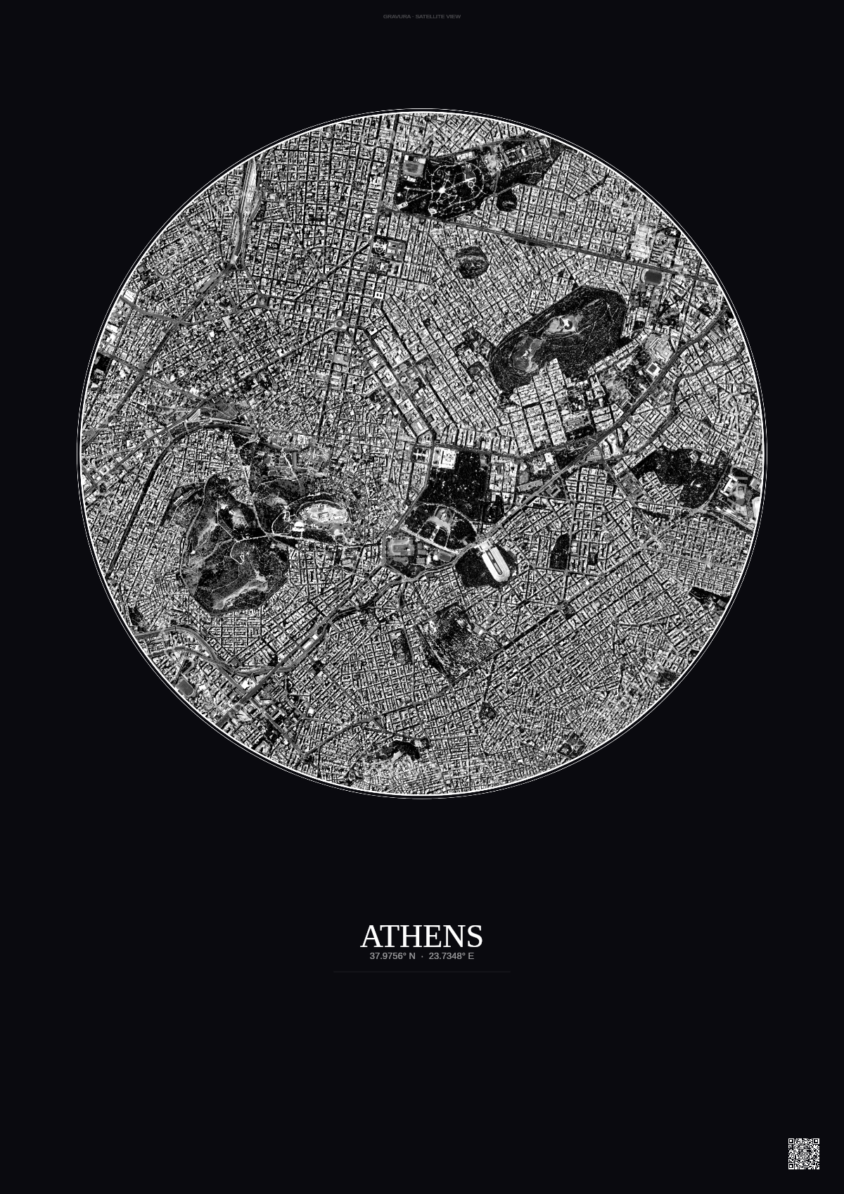 Affiche Athens – Poster vue satellite | Gravura – Fond foncé