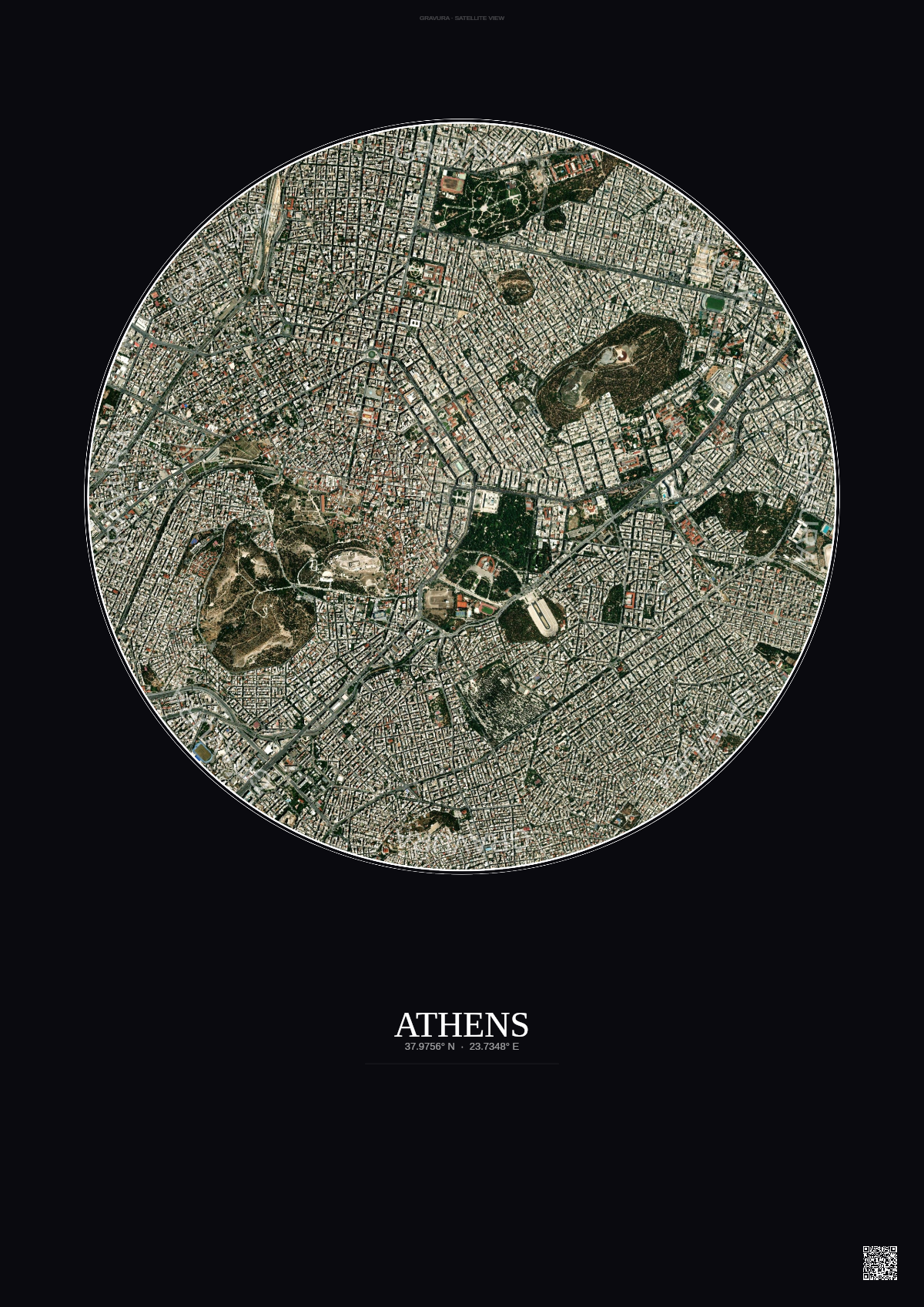 Affiche Athens – Poster vue satellite | Gravura – Fond foncé