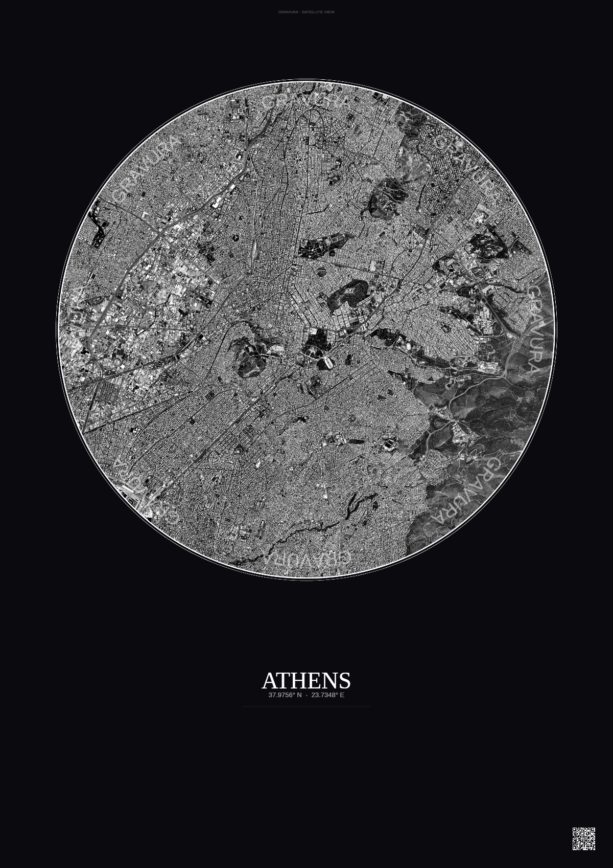 Affiche Athens – Poster vue satellite | Gravura – Fond foncé