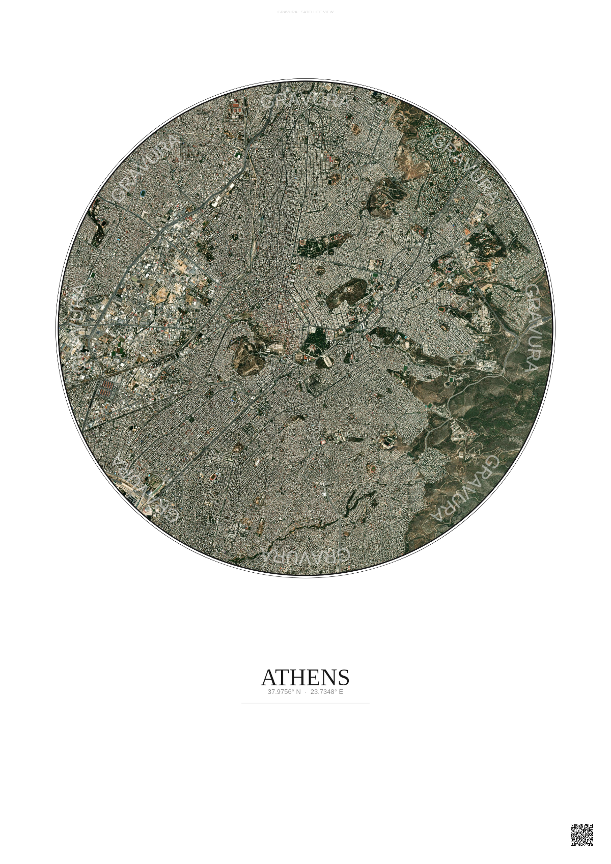 Affiche Athens – Poster vue satellite | Gravura – Fond clair