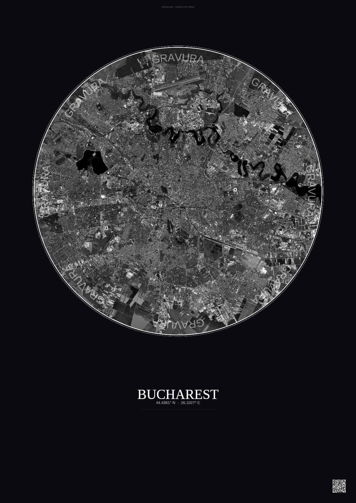 Affiche Bucharest – Poster vue satellite | Gravura – Fond foncé