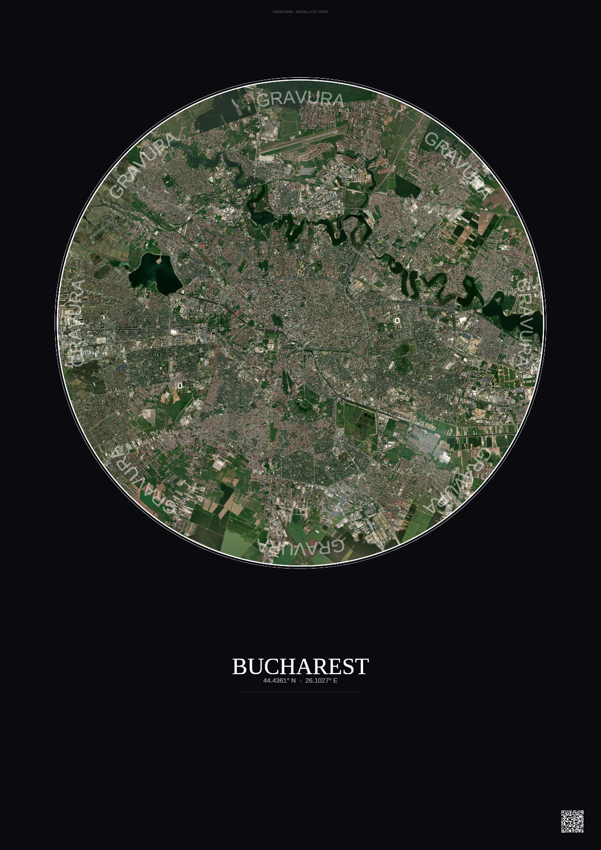 Affiche Bucharest – Poster vue satellite | Gravura – Fond foncé
