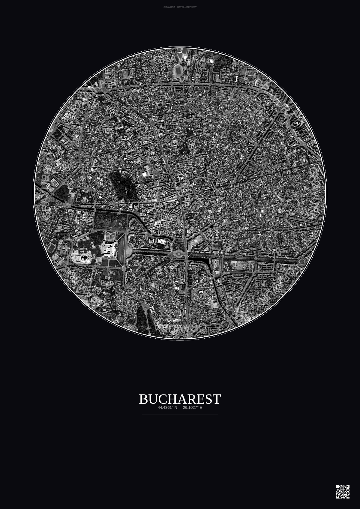 Affiche Bucharest – Poster vue satellite | Gravura – Fond foncé