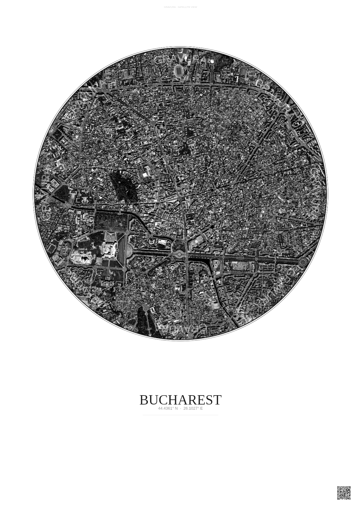 Affiche Bucharest – Poster vue satellite | Gravura – Fond clair