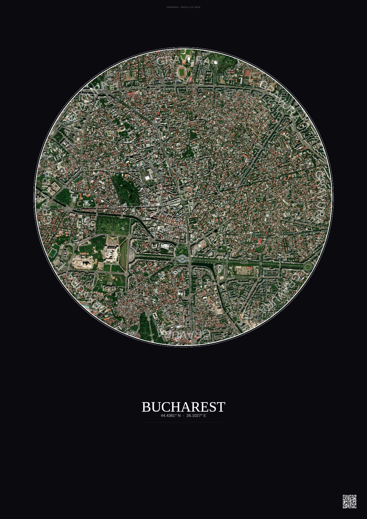 Affiche Bucharest – Poster vue satellite | Gravura – Fond foncé