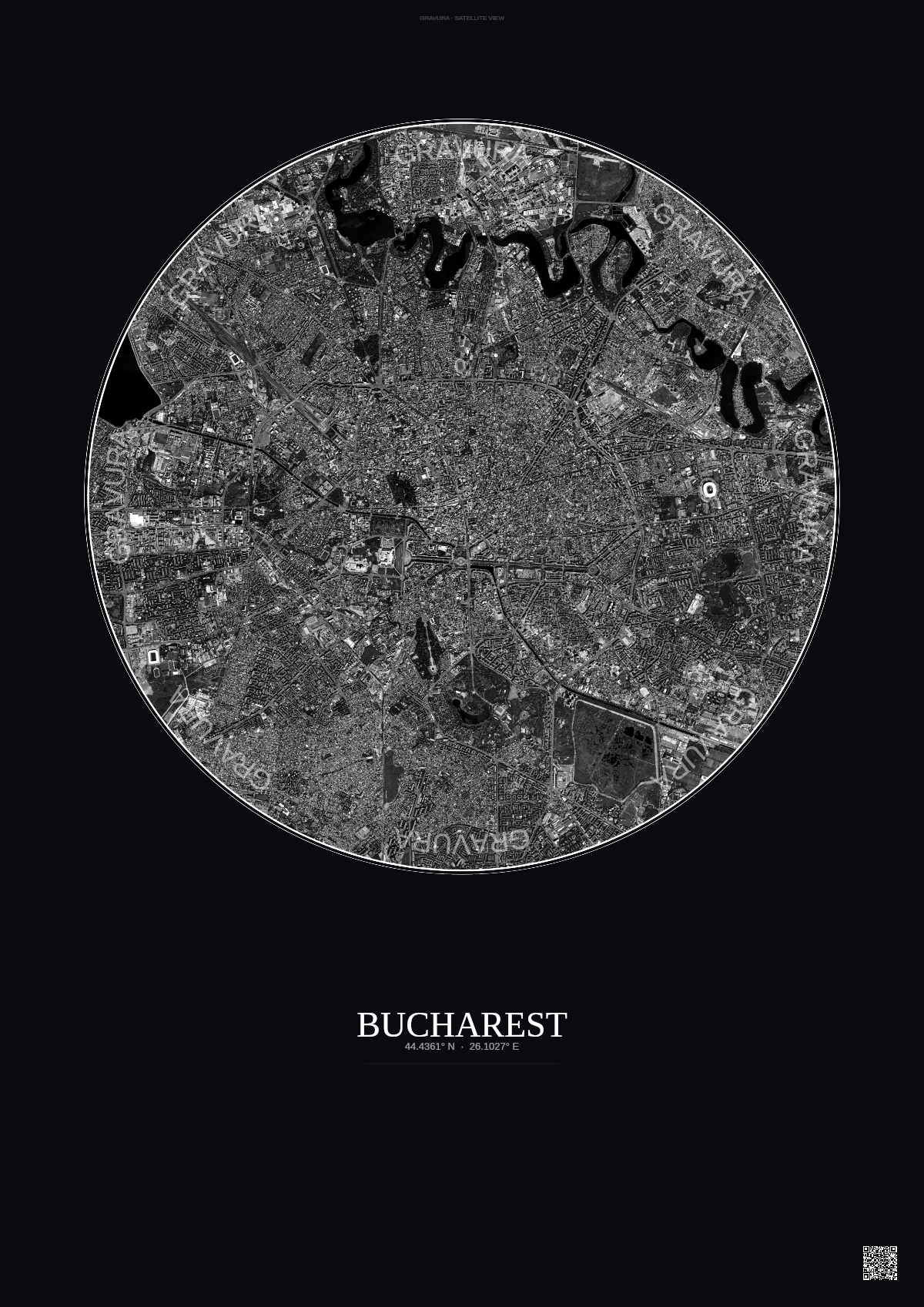 Affiche Bucharest – Poster vue satellite | Gravura – Fond foncé