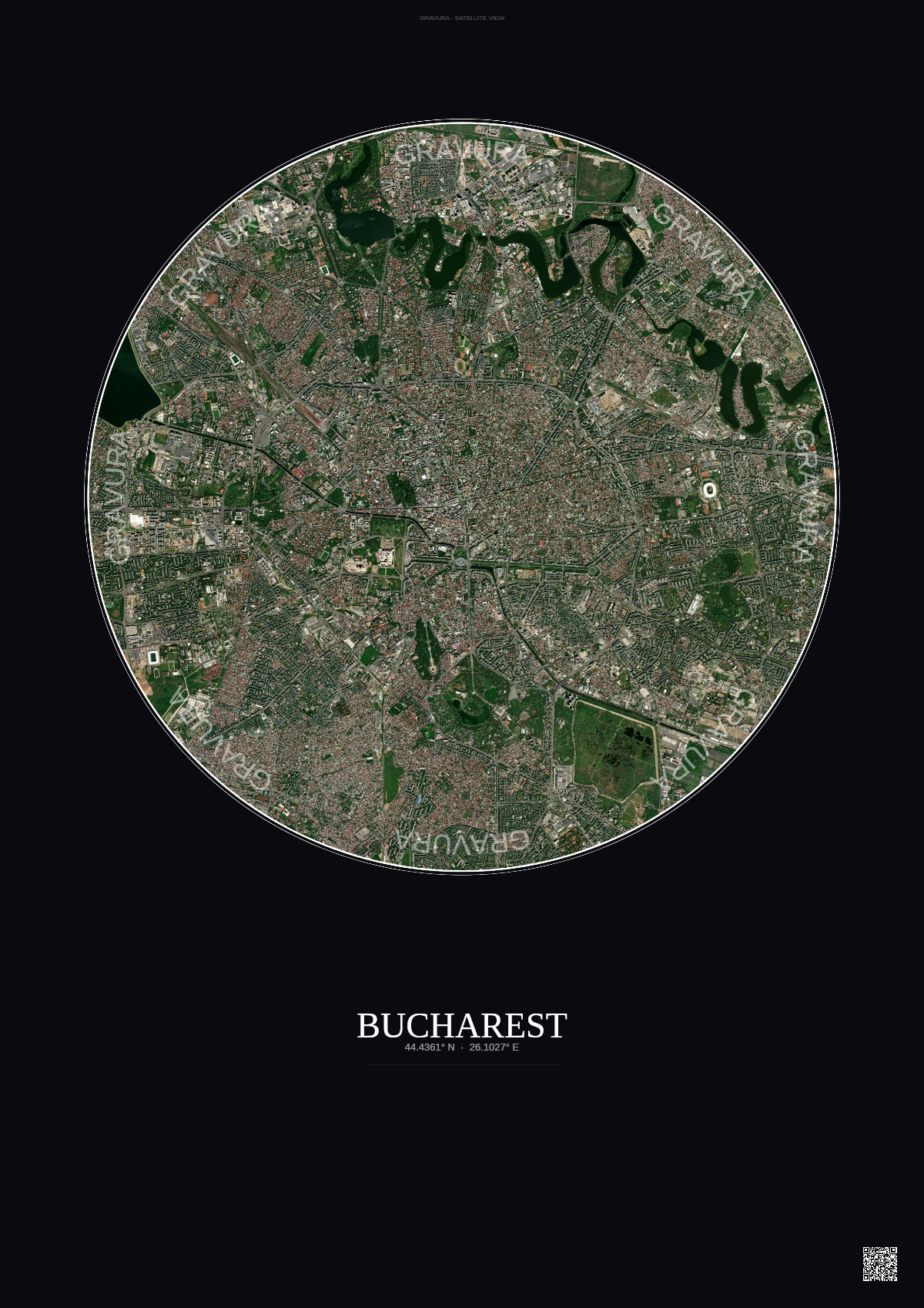 Affiche Bucharest – Poster vue satellite | Gravura – Fond foncé