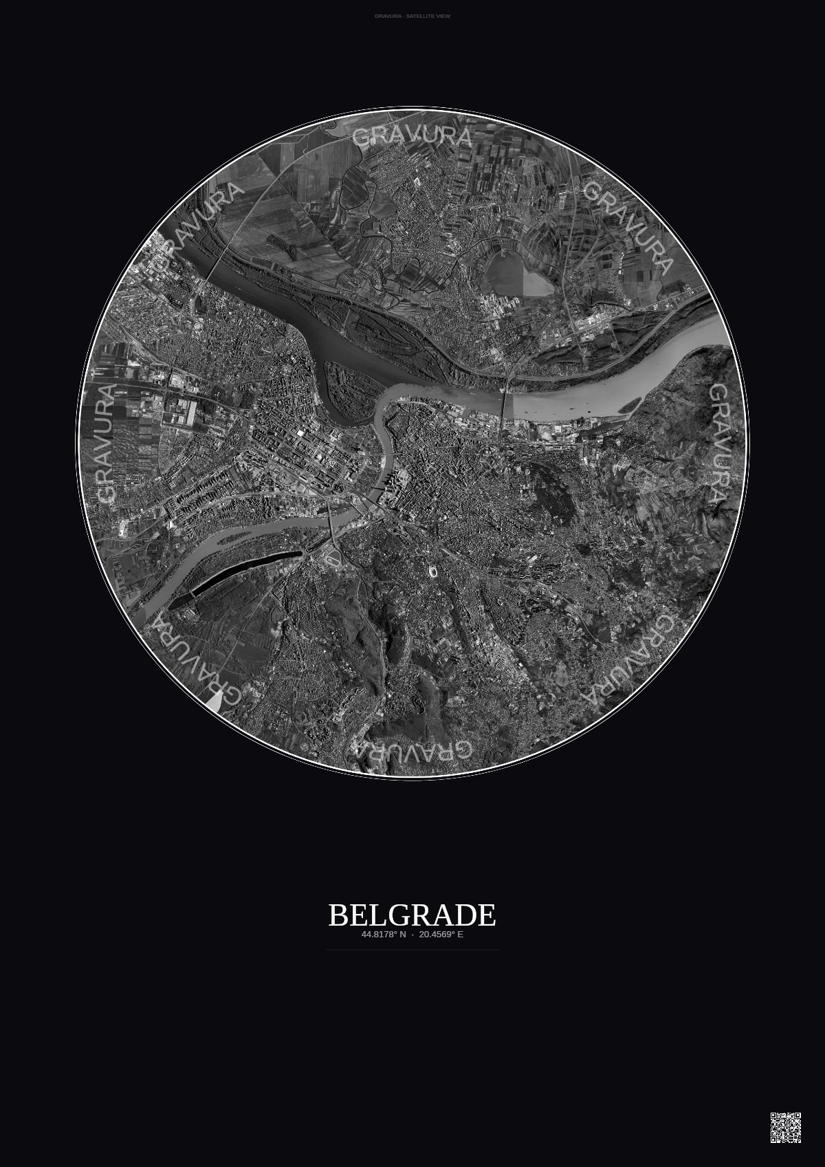 Affiche Belgrade – Poster vue satellite | Gravura – Fond foncé