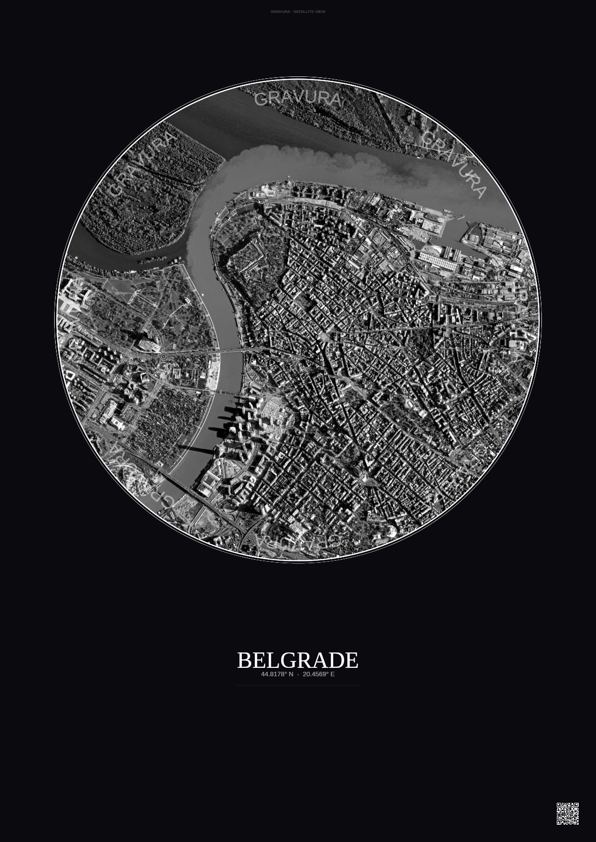 Affiche Belgrade – Poster vue satellite | Gravura – Fond foncé