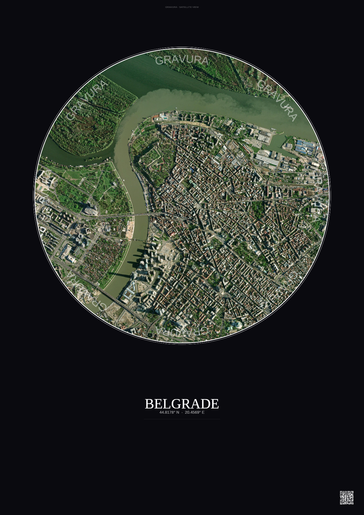 Affiche Belgrade – Poster vue satellite | Gravura – Fond foncé