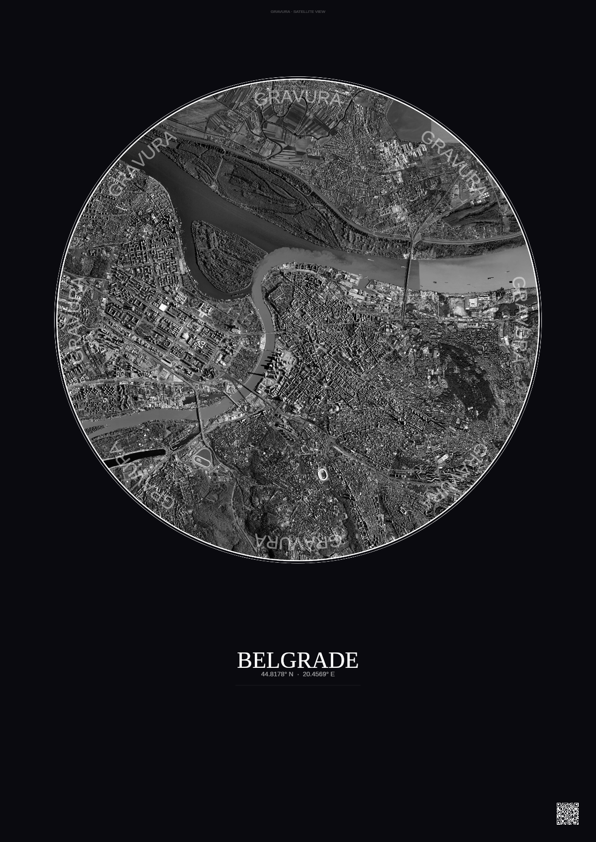 Affiche Belgrade – Poster vue satellite | Gravura – Fond foncé