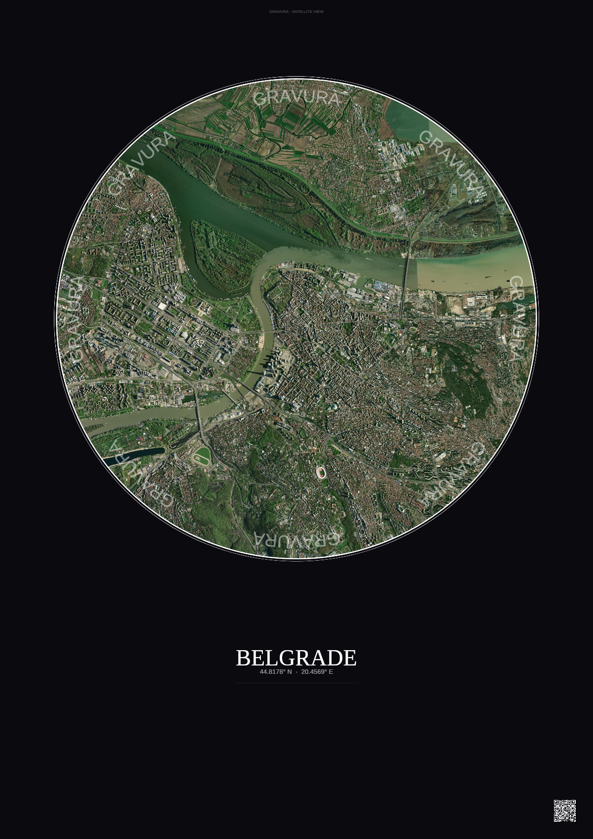 Affiche Belgrade – Poster vue satellite | Gravura – Fond foncé