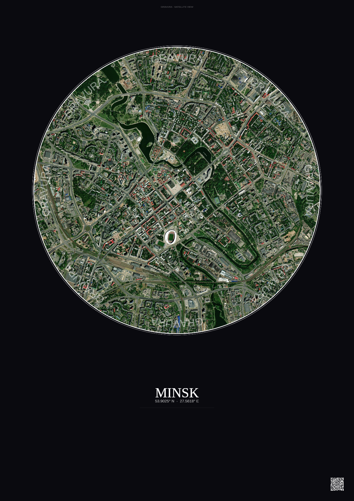 Affiche Minsk – Poster vue satellite | Gravura – Fond foncé