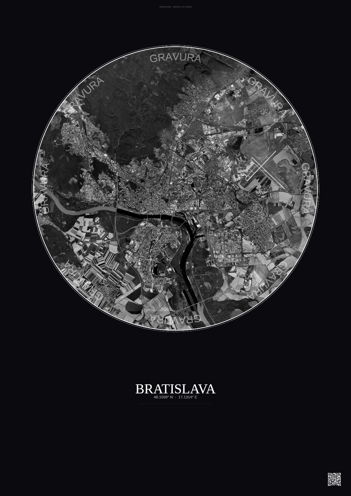 Affiche Bratislava – Poster vue satellite | Gravura – Fond foncé