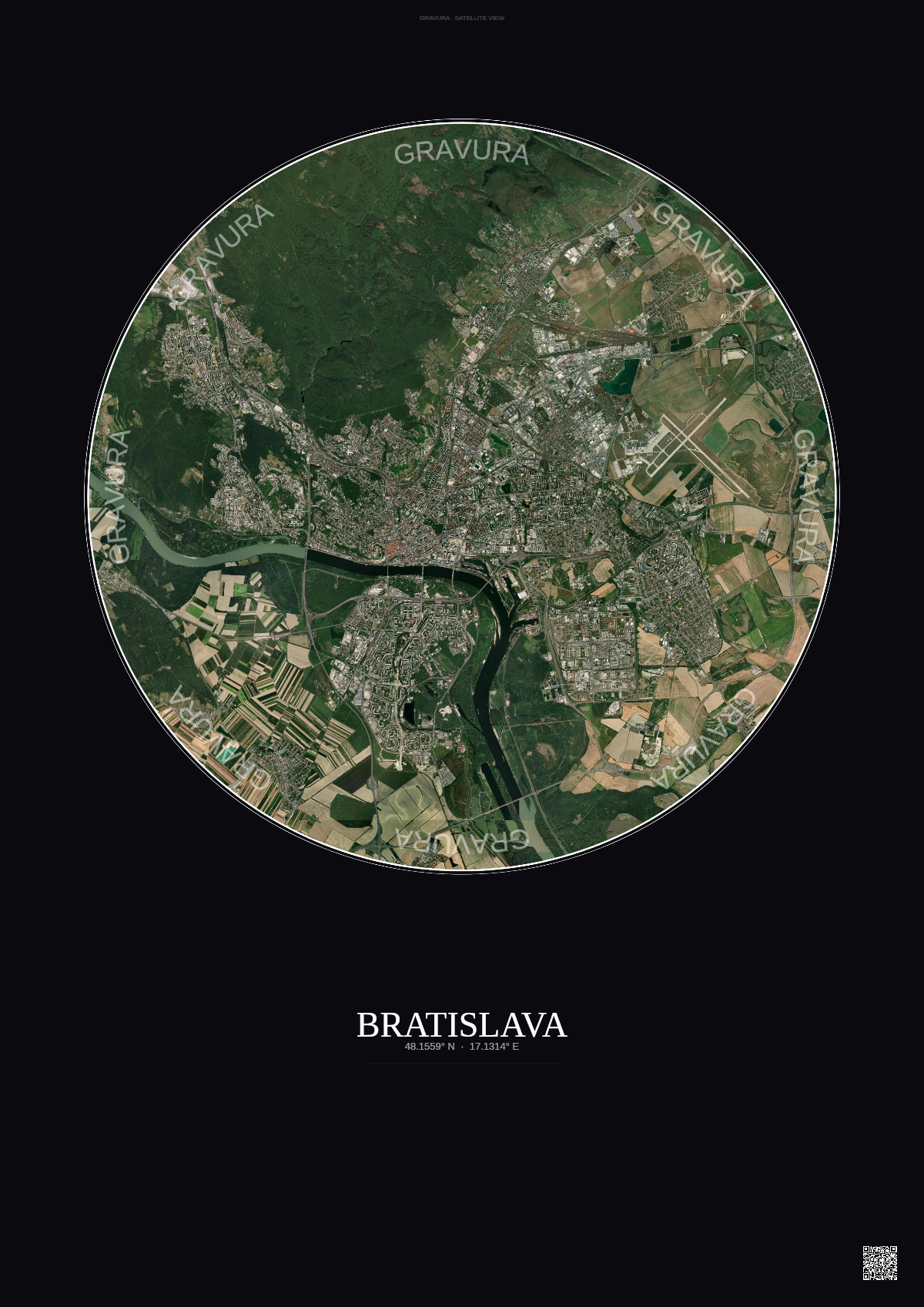 Affiche Bratislava – Poster vue satellite | Gravura – Fond foncé