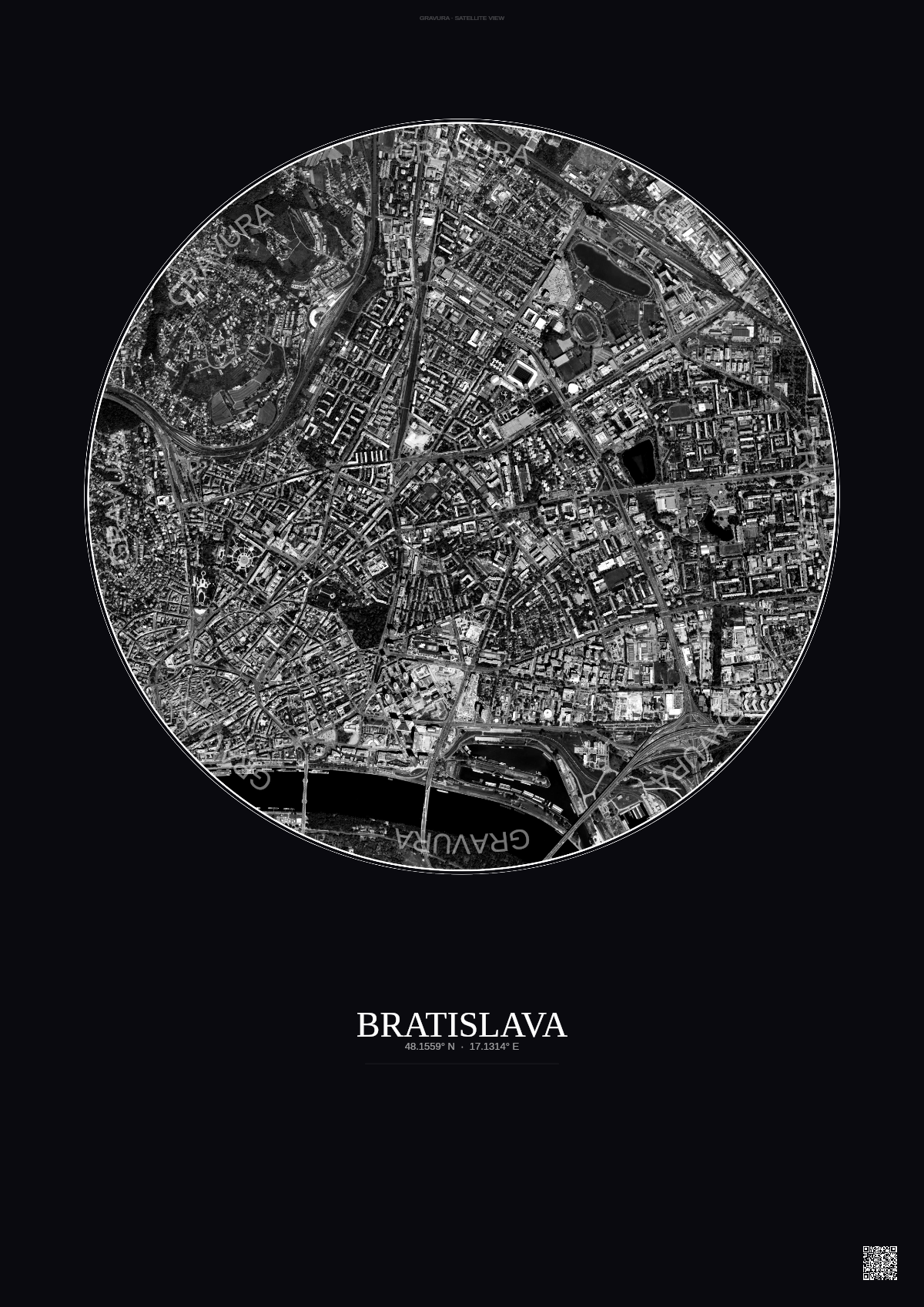 Affiche Bratislava – Poster vue satellite | Gravura – Fond foncé