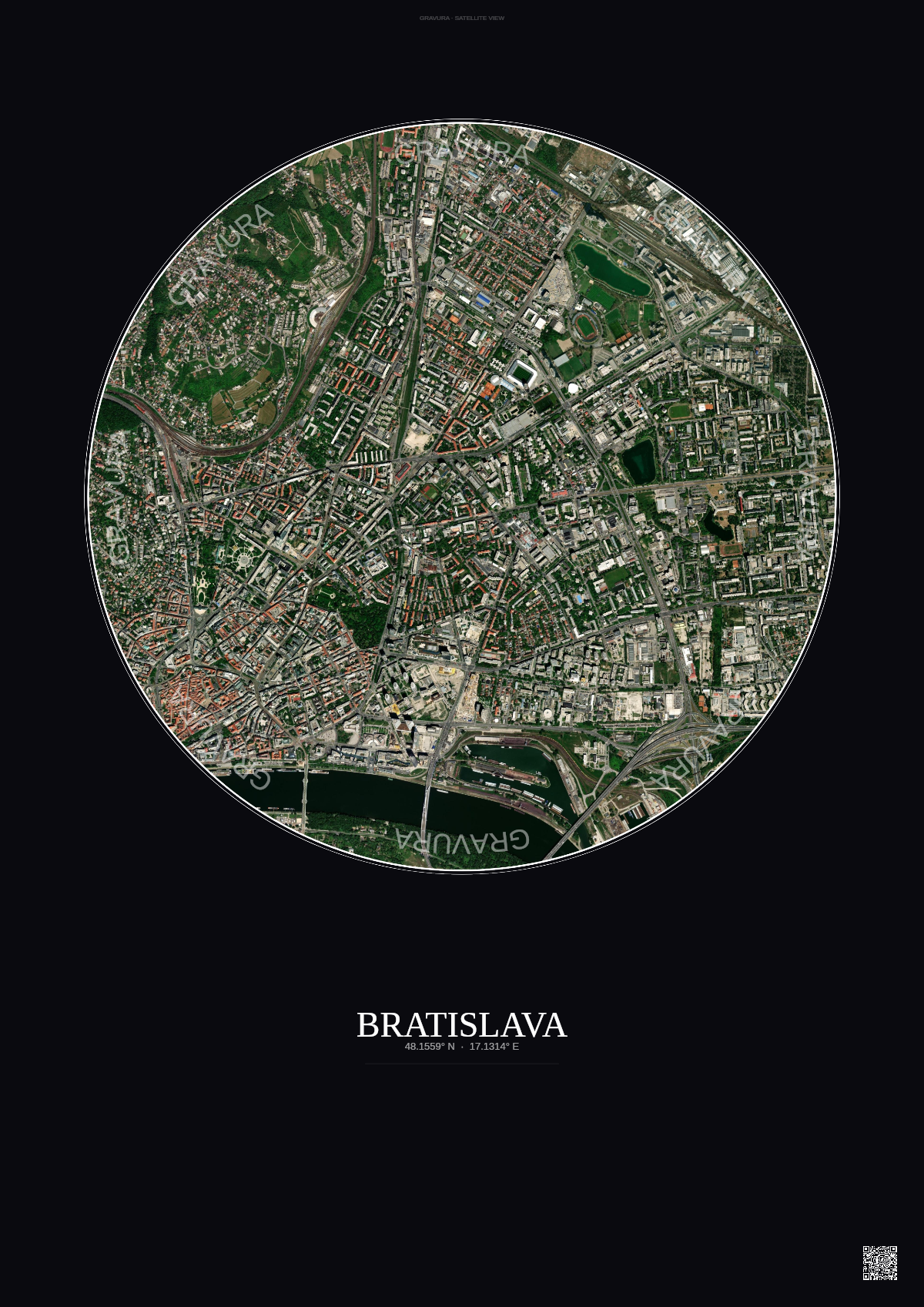Affiche Bratislava – Poster vue satellite | Gravura – Fond foncé