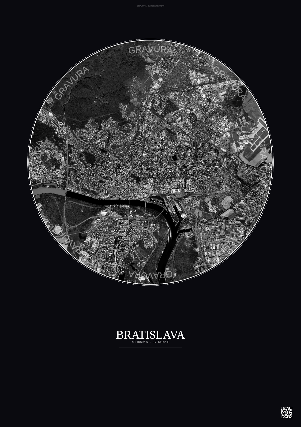 Affiche Bratislava – Poster vue satellite | Gravura – Fond foncé