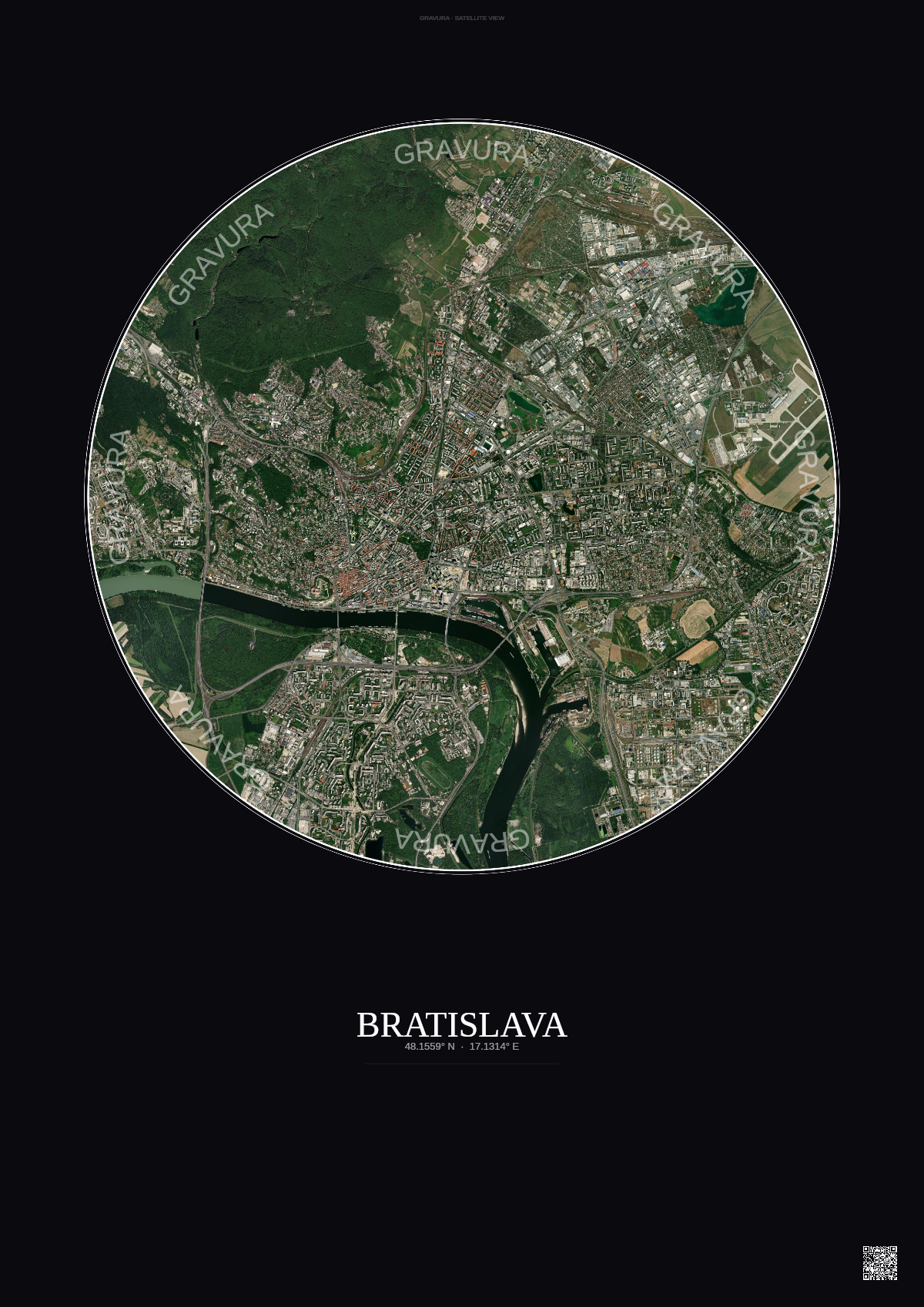Affiche Bratislava – Poster vue satellite | Gravura – Fond foncé