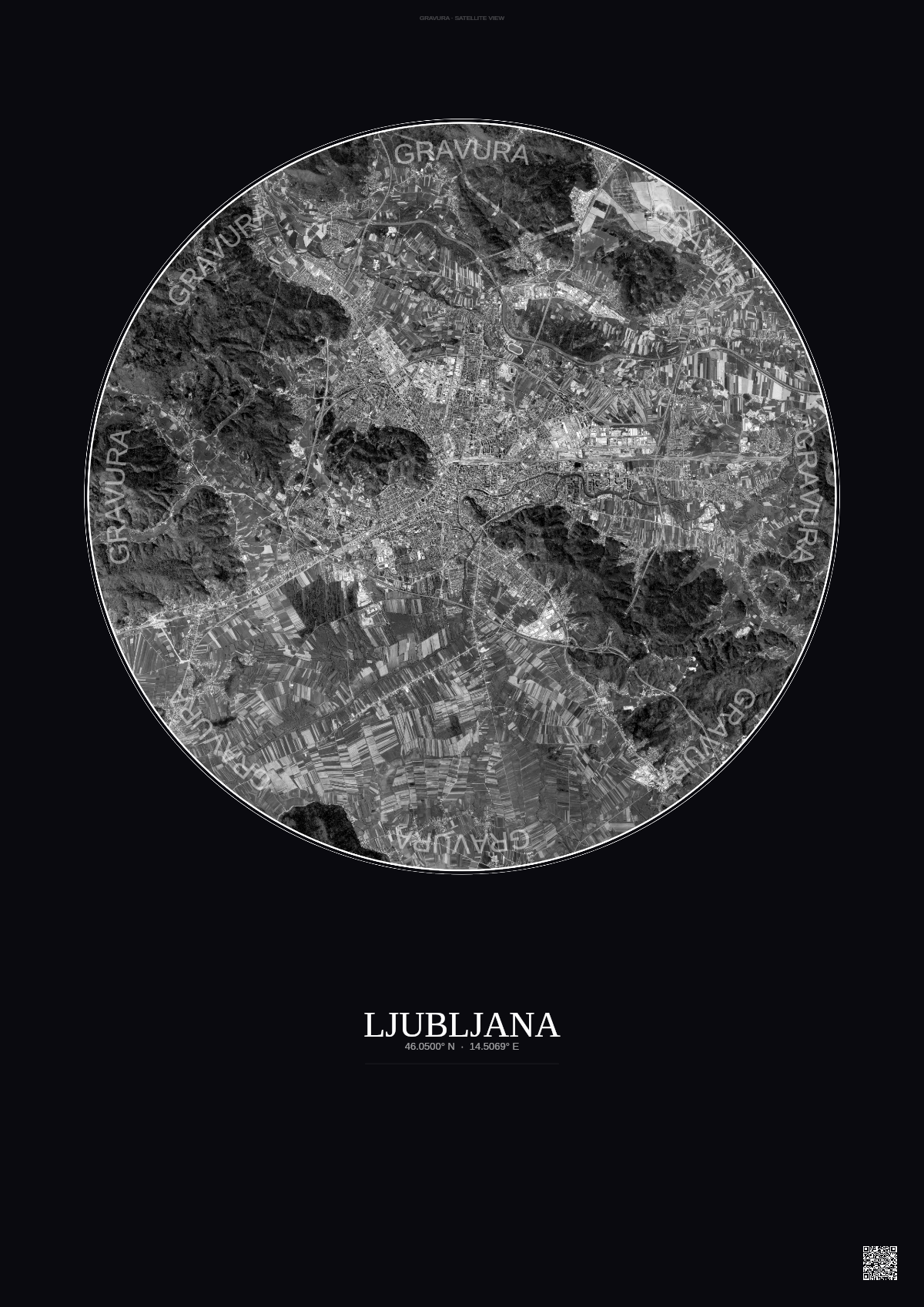 Affiche Ljubljana – Poster vue satellite | Gravura – Fond foncé
