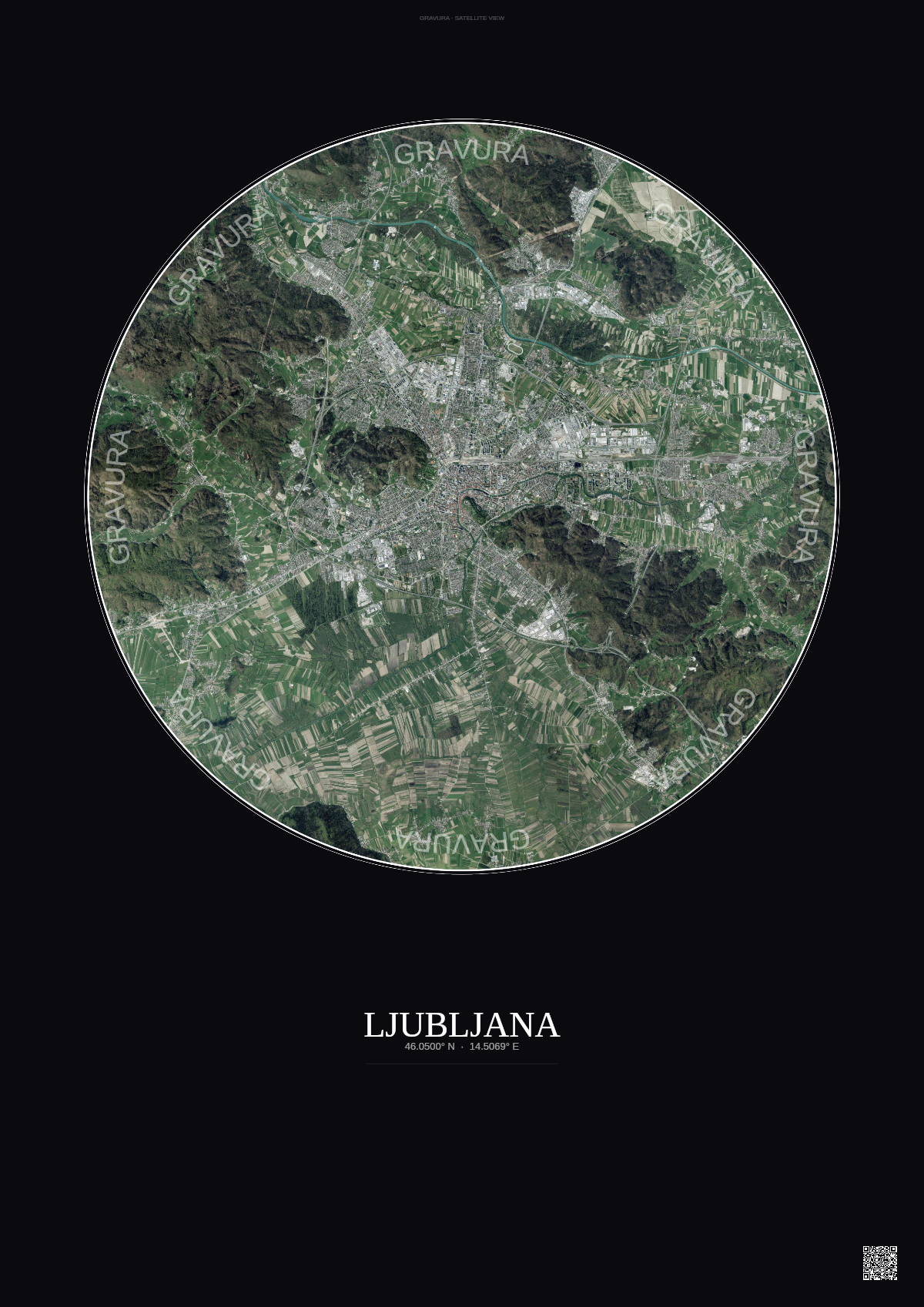 Affiche Ljubljana – Poster vue satellite | Gravura – Fond foncé