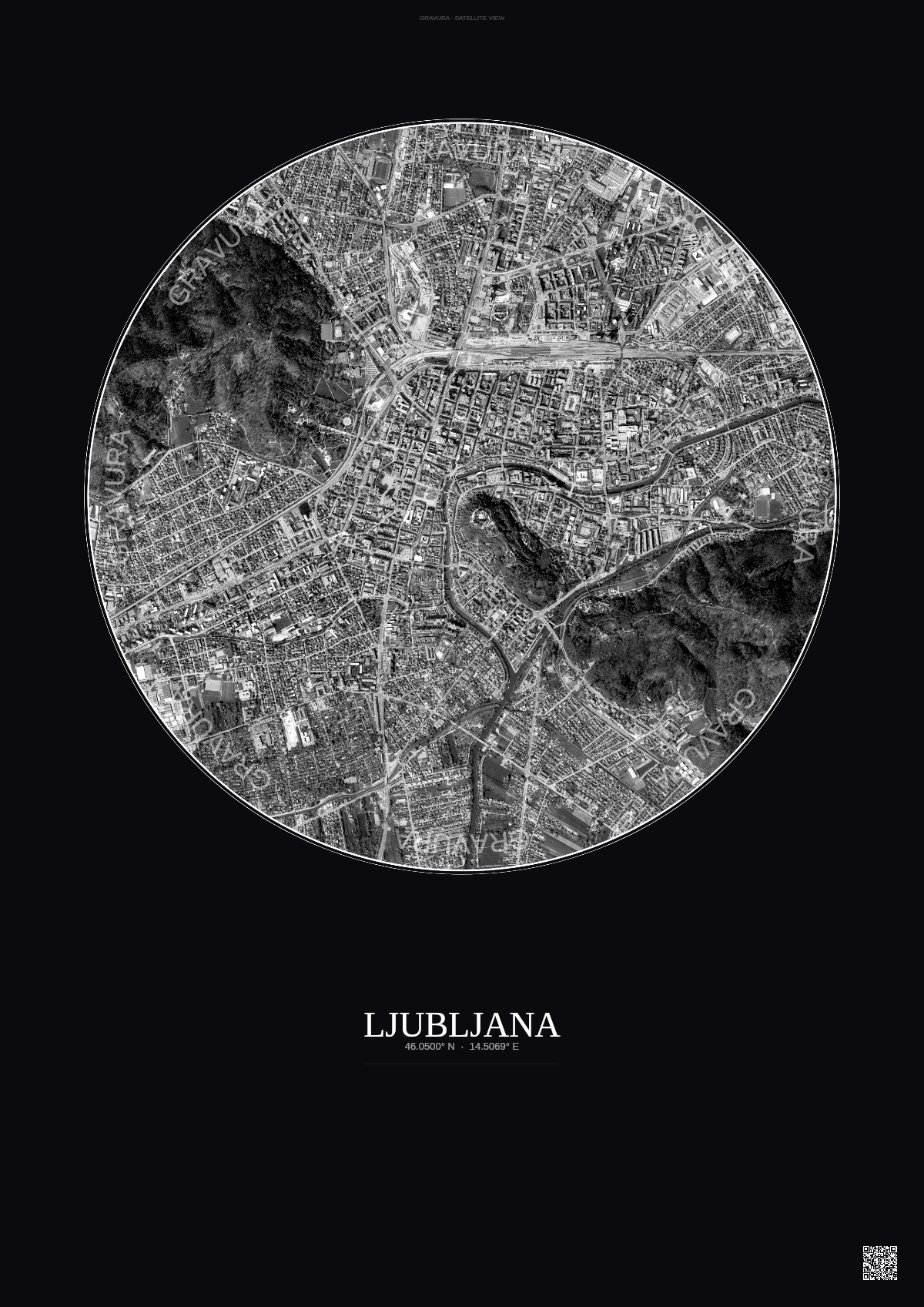 Affiche Ljubljana – Poster vue satellite | Gravura – Fond foncé