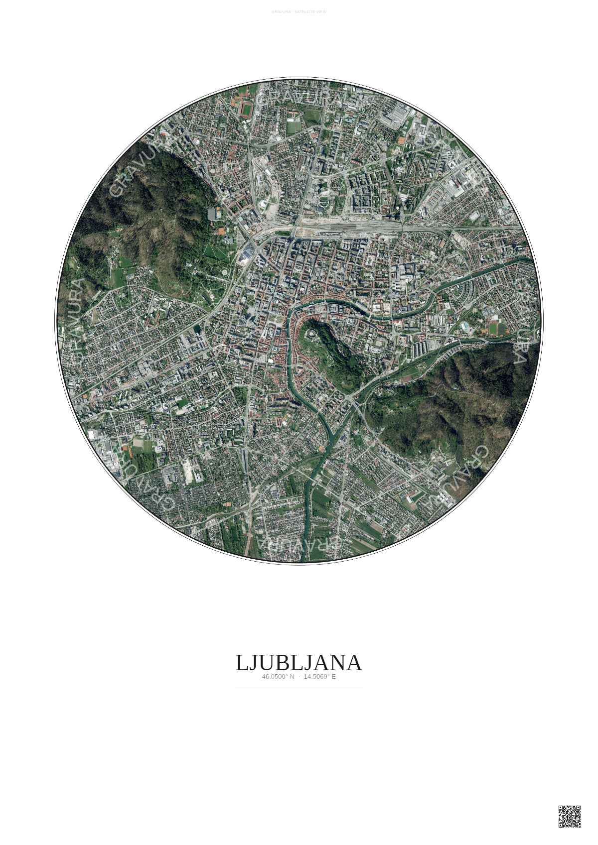 Affiche Ljubljana – Poster vue satellite | Gravura – Fond clair