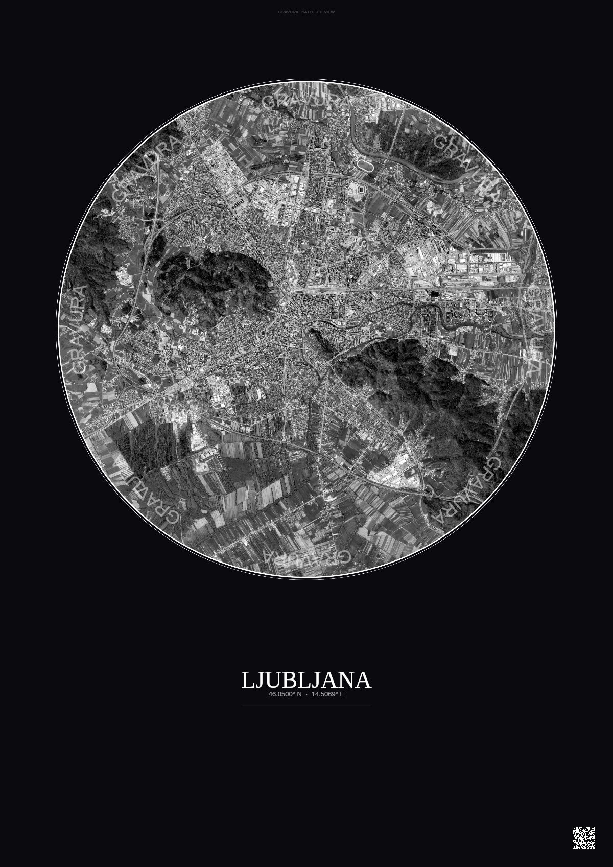 Affiche Ljubljana – Poster vue satellite | Gravura – Fond foncé