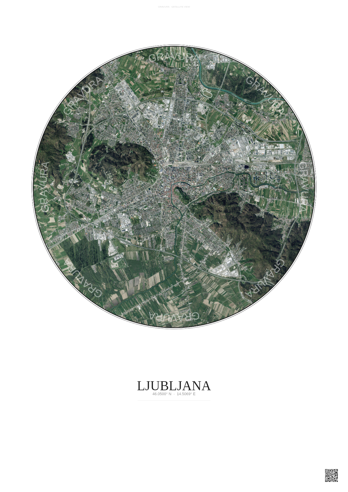Affiche Ljubljana – Poster vue satellite | Gravura – Fond clair