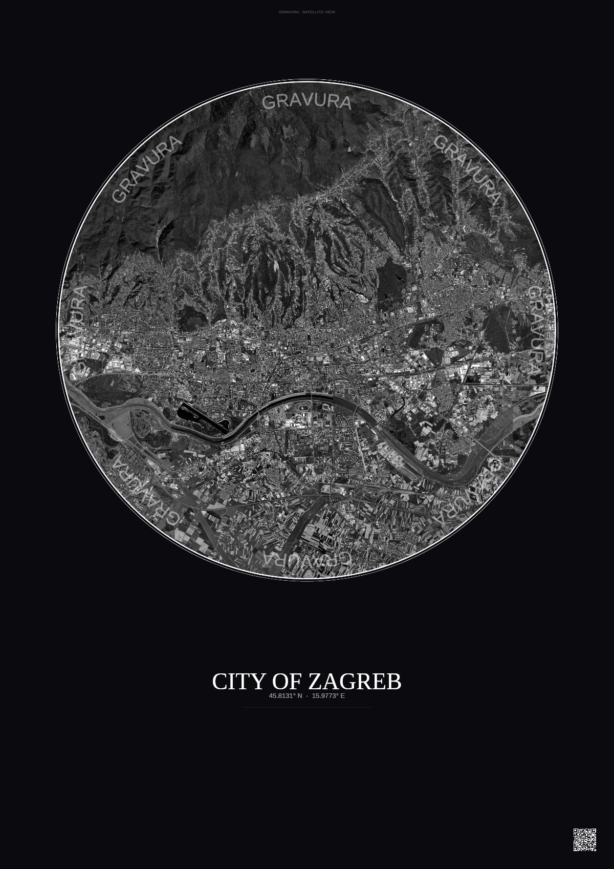 Affiche City Of Zagreb – Poster vue satellite | Gravura – Fond foncé