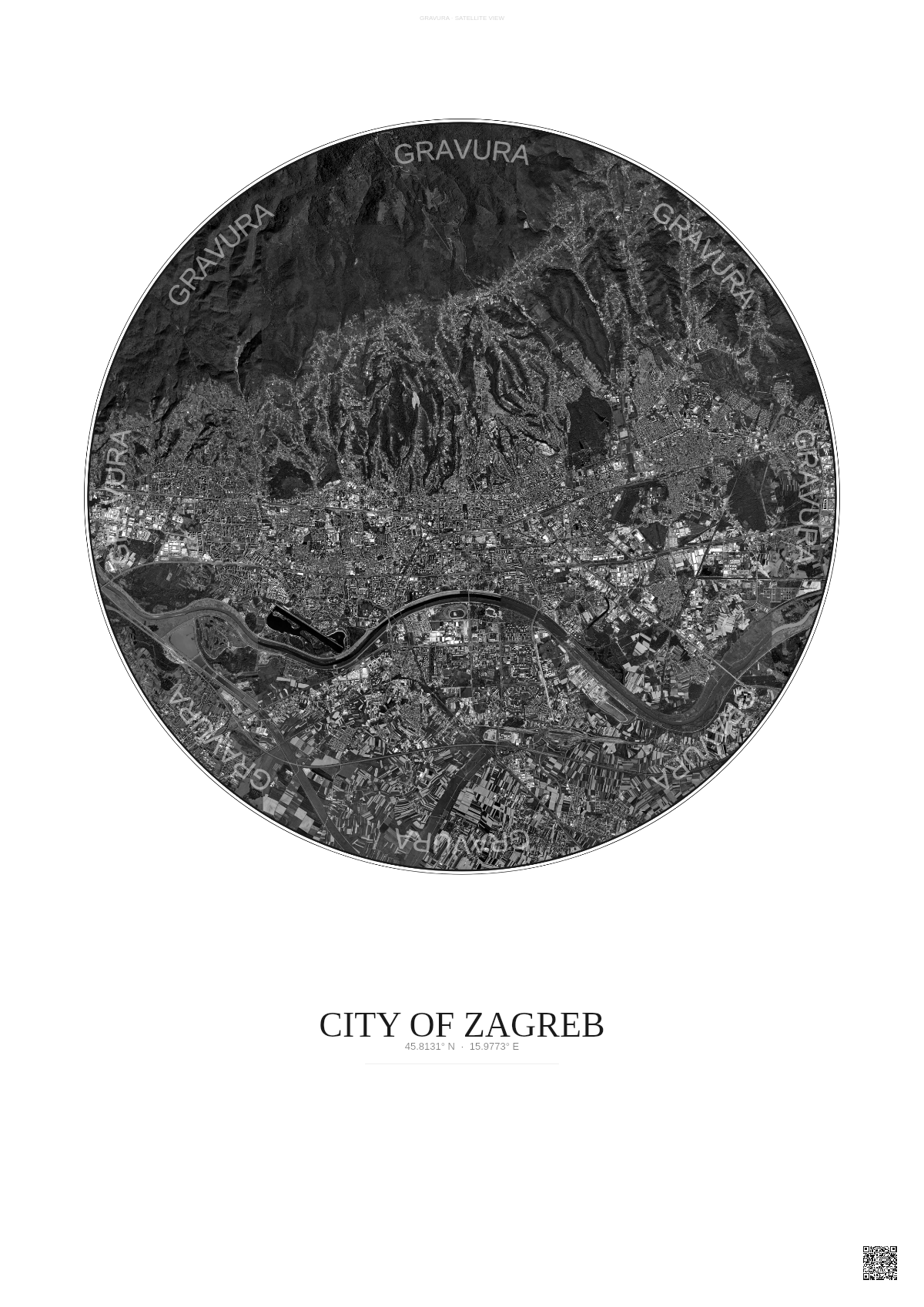 Affiche City Of Zagreb – Poster vue satellite | Gravura – Fond clair