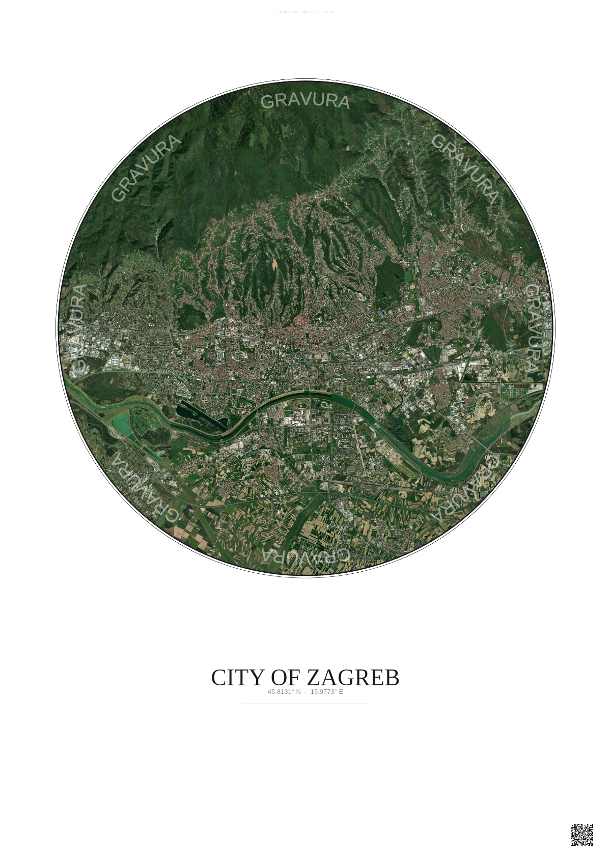 Affiche City Of Zagreb – Poster vue satellite | Gravura – Fond clair
