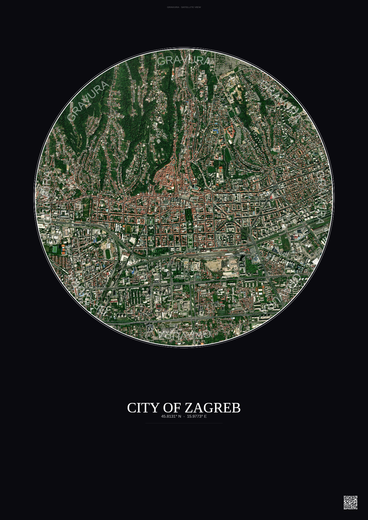 Affiche City Of Zagreb – Poster vue satellite | Gravura – Fond foncé