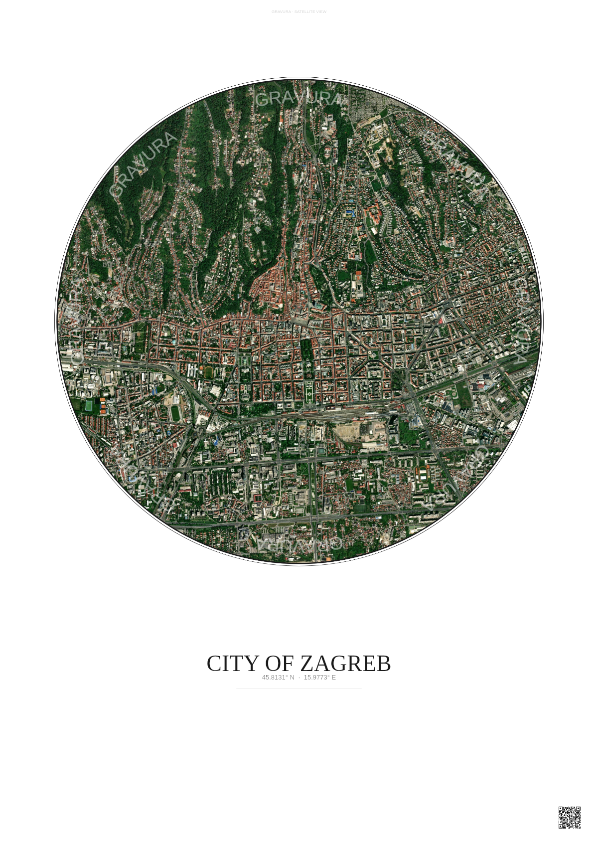 Affiche City Of Zagreb – Poster vue satellite | Gravura – Fond clair