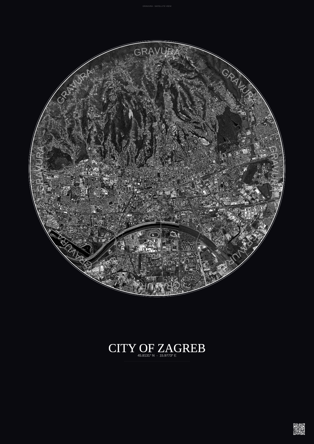 Affiche City Of Zagreb – Poster vue satellite | Gravura – Fond foncé