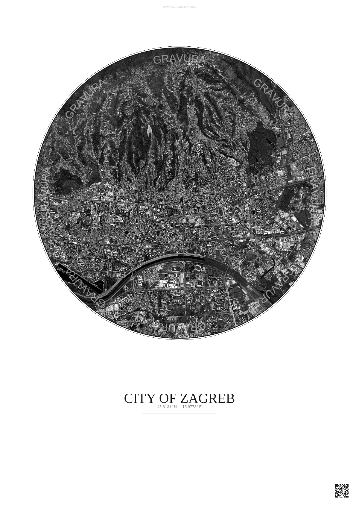 Affiche City Of Zagreb – Poster vue satellite | Gravura – Fond clair